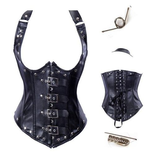 Women Halter Pu Leather Buckle Waist Trainer Punk Cincher Corset Body Shaper  Bustier With 12 Plastic Bones