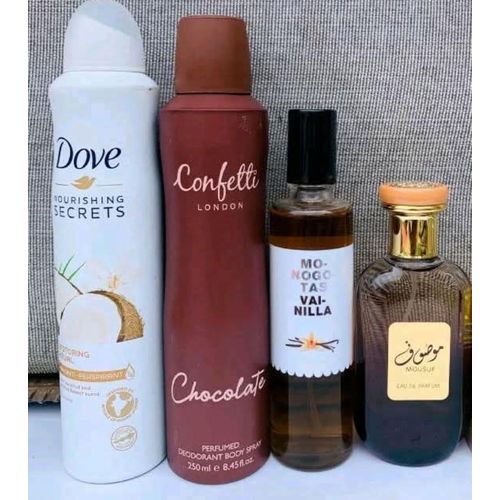 product_image_name-Generic-Fragrance Combo Gift Set Perfume of 4 in 1 of  Dove Antiperspirant, Confetti Body Spray, Monogotas Body Mist Spray, and Mosuf Mini EDP (the perfect unisex fragrance layering)-1