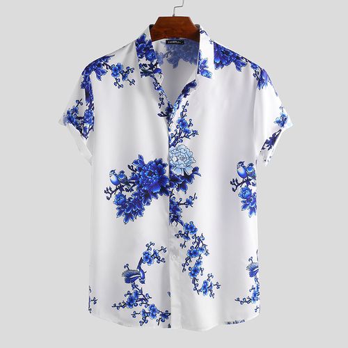 Incerun Summer Men's Loose Short Sleeve Hawaii Beach Shirt - Blue ...