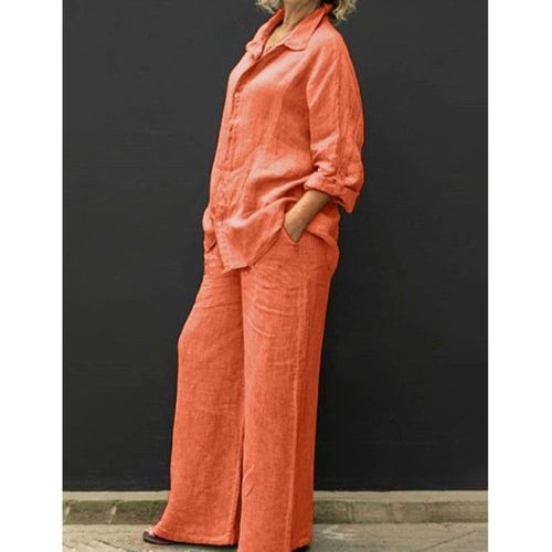 Fashion (Orange)Cotton Linen Suits Women Elegant Solid Long Sleeve Shirts  Wide Leg Trousers Two Piece Sets Female Casual Straight Urban Sets XXA