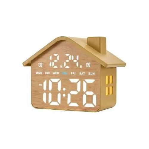 Generic Smart House-Shaped LED Digital Alarm Clock - Wooden Texture Desktop Table Clock with Date, Week & Night Light