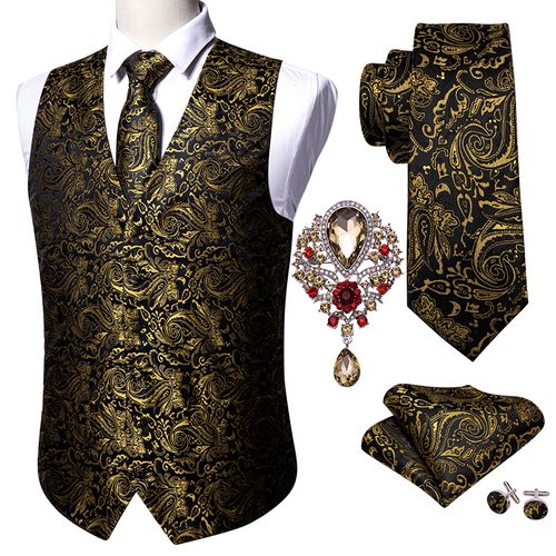 Silk Formal Dress Vest Men Waistcoat Vest Wedding Party Vest Tie Brooch  Pocket Square Set (Color : MJ-106-0017, Size : S.)