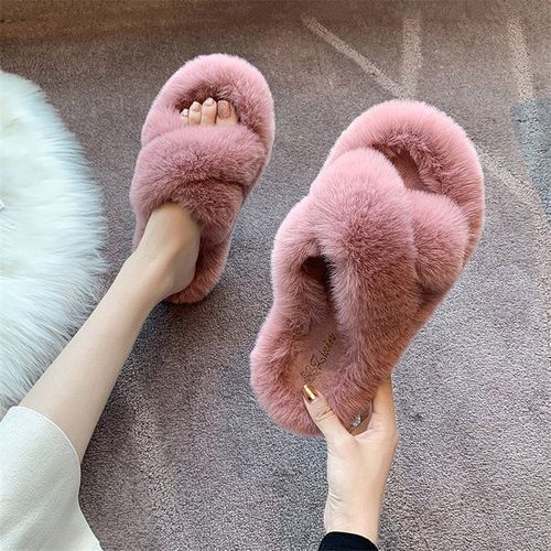 Pink & Green Fox Fur Slippers