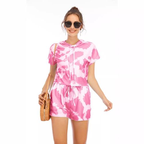 product_image_name-Fashion-Ladies Red Cotton Hoodies Sweatshirts Suit  Soft Tie-Dye Homewear Sports T-Shirt Shorts Set  Household Sleepwear Clothings For Women-1