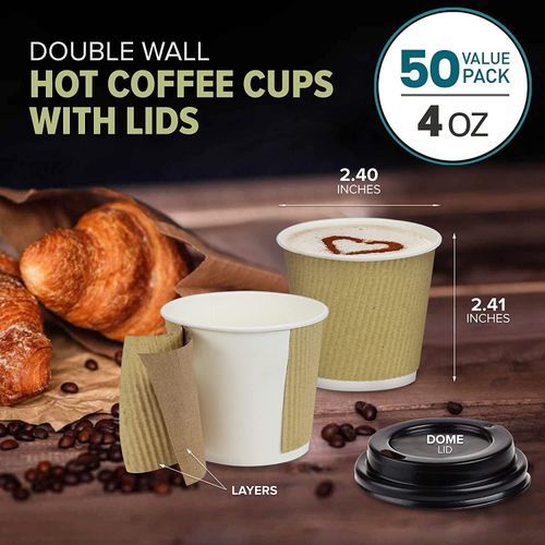 50 Pack] Disposable Coffee Cups with Lids - 10 oz White Double Wall  Insulated Coffee Cups with Black Dome Lid - Kraft Reusable Coffee Cups with  Lids - To Go Chocolate, Tea