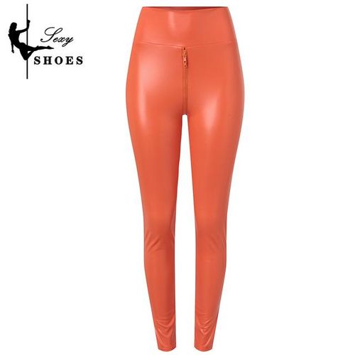 Cheap Sexy Women Faux Leather Pants Zipper Open Crotch Skinny