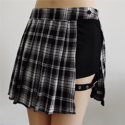 Fashion Pleated Skirts Streatwear Plaid Side Button Skirt Womens