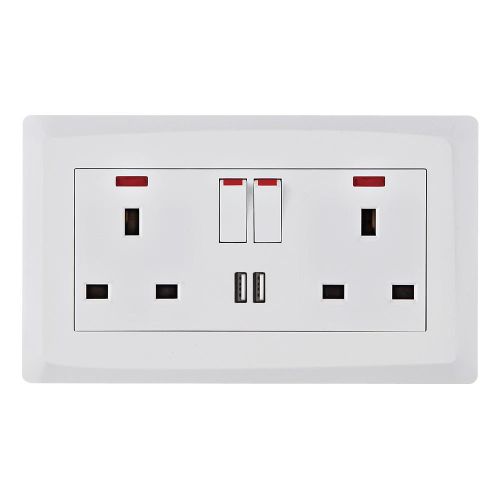 Generic Double Switched UK Wall Socket Plate with Dual USB Charging Ports