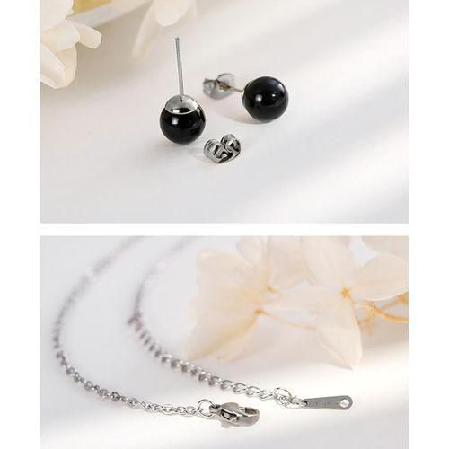 ONIBENZ Stainless Steel Heart Necklace & Black Ball Stud Earrings Set - Silver Tone - image 2
