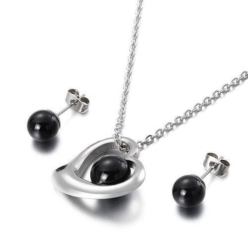ONIBENZ Stainless Steel Heart Necklace & Black Ball Stud Earrings Set - Silver Tone - image 3
