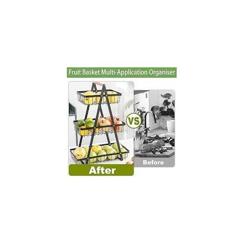 Generic 3-Tier Removable Fruit & Kitchen Storage Basket Rack with Wooden Handle - Countertop Organizer - image 4