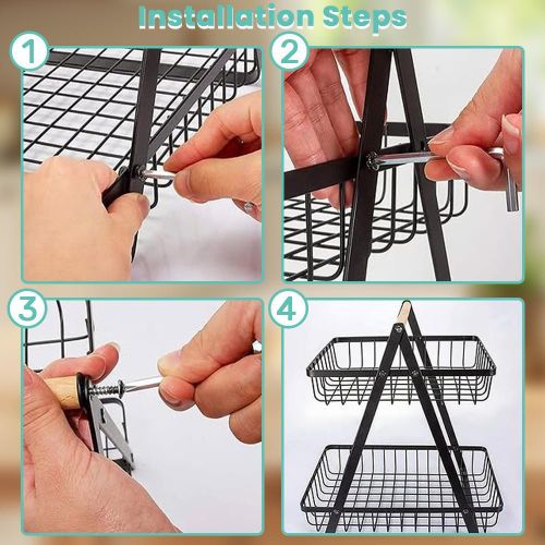 Generic 3-Tier Removable Fruit & Kitchen Storage Basket Rack with Wooden Handle - Countertop Organizer - image 6