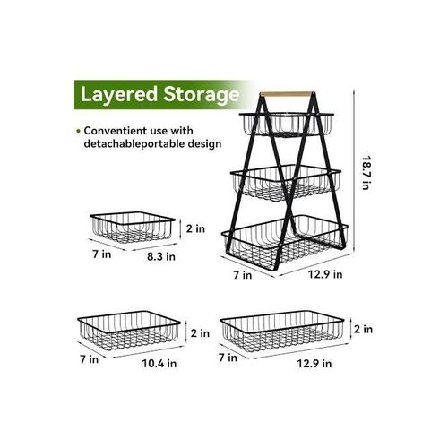 Generic 3-Tier Removable Fruit & Kitchen Storage Basket Rack with Wooden Handle - Countertop Organizer - image 7