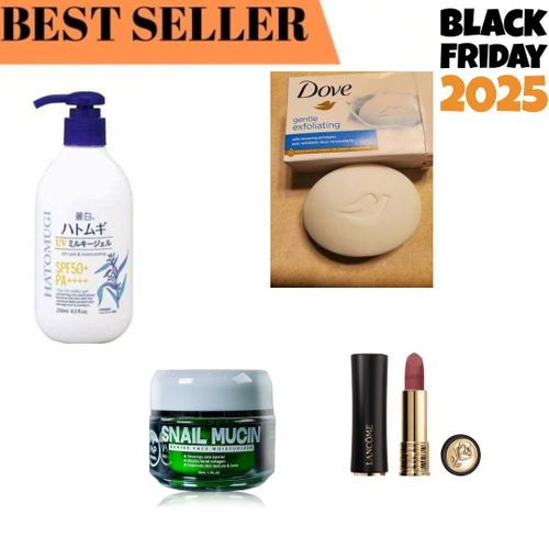 product_image_name-HATOMUGI-UV Milky Gel Sunscreen (SPF50) For Face And Body ORIGINAL (250ml) and Snail Mucin (Revive Face Moisturizer)- (50g) and Dove Gentle Exfoliating Beauty Bar and Lancome LANCÔME L'ABSOLU ROUGE DRAMA MATTE LIPSTICK N° 271-1