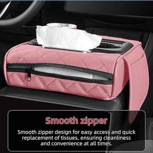 Generic Universal Car Armrest Cushion With Cup Holder & Tissue Box - Pink - image 4