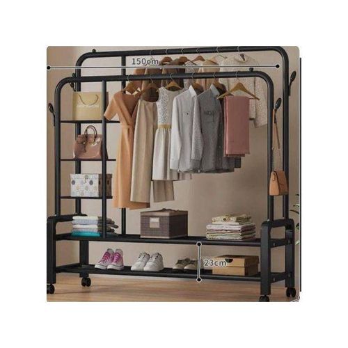 Generic 58kg Quality Double Pole Hanger Cloth Storage Rack with Wheel