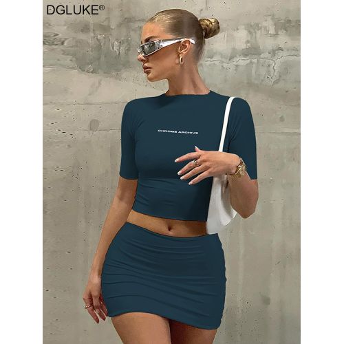 Fashion Y2K Two Piece Sets Womens Outfits Fall Crop Top And Mini Skirt Sets-Black  Short Sleeve