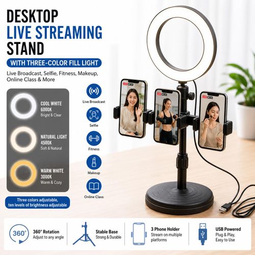 Generic 6Inch LED Selfie Ring Light & Tripod Stand 2 Phone Holders-black