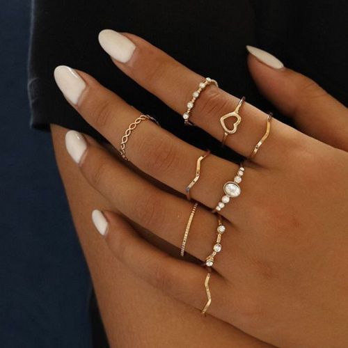 Fashion 9 In 1 Knuckle Ring Set Love Rhinestone Rings For Women Gold