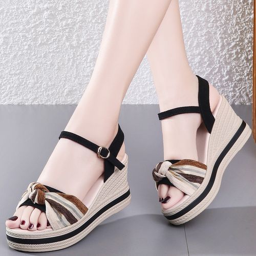 Flangesio Summer Holiday Wedge Sandals Women Shoes Bohemian Style Elegant  Platform Sandals Beach Shoes Buckle Strap Open Toe Sexy Ladies Shoes Woman  Luxury Suede Leather Party Footwear Black