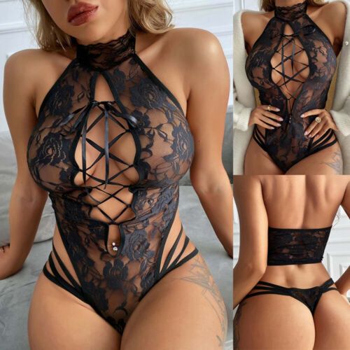 Fashion Hot Erotic Lace Open Bra Crotchless Bodysuit Lingerie For Women  Sexy Underwear Babydoll Dress Sexy Lingerie Plus Size Black