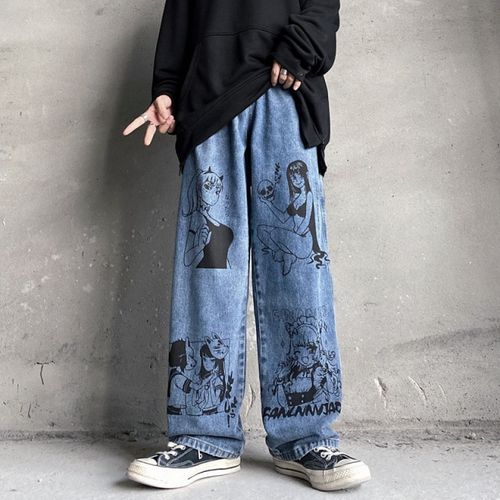 Fashion Japan Anime Girl Graffiti Jeans Blue Wide Leg Baggy Hip Jeans ...