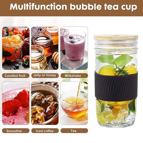 Generic Reusable Bubble Tea Cup 4 Pack 24Oz, Iced Coffee Cups Wide Mouth  Smoothie Boba Cup with Lid, Silver Straws, Clean Brush, Mason