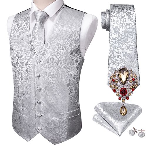 Fashion (GM-2061-Brooch)Black 5PCS Designer Mens Wedding Suit Vest Gold  Floral Jacquard Folral Silk Waistcoat Tie Brooches Vest Set Barry.Wang  Groom DOU