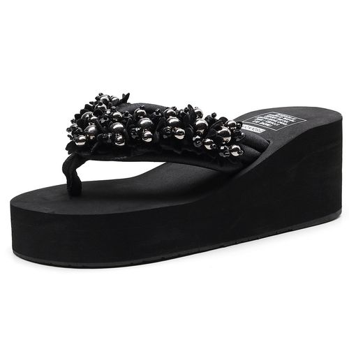 Fashion Sandals Women Fashion Rhinestone Wedge Flip-Flops - Black