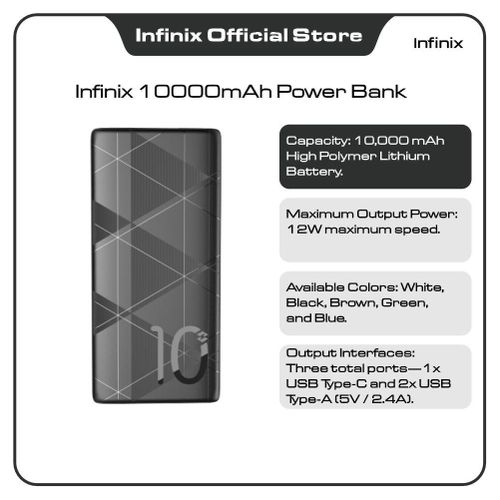 Infinix 10000mAh Power Bank, 12W Maximum Speed, Type C In & Out, Black