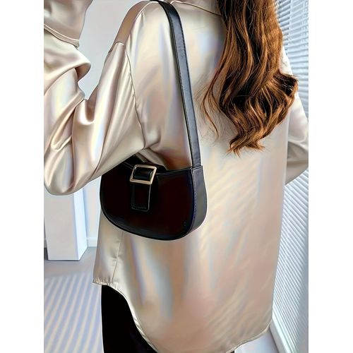 ROSA FERA Women Solid  Satin Lapel Long Sleeve Cuffed Loose Office Button Down Shirt - image 3