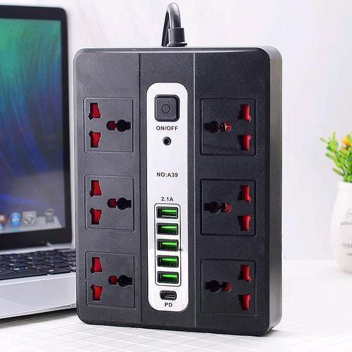 Generic 6ways Extension Sochet With USB Ports And 1 Type C Port