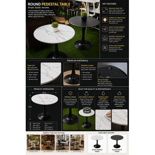 Generic Modern Luxury 70×70cm Round Pedestal Dining & Café Table Marble Style Top, Strong Metal Base - image 2