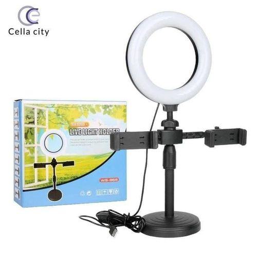 Generic Desktop LED Ring Light With Dual Phone Holder - Portable Live Stream Makeup Stand