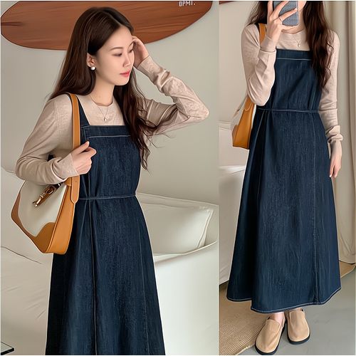 Fashion Blue Dark Blue Jeans Strap Long Dresses Korean Japanese