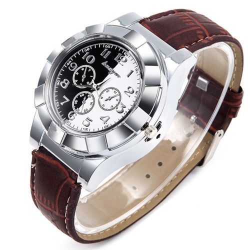 Mens Black Leather Band Quartz USB Rechargeable Wrist Watch Cigarette  Lighter | eBay