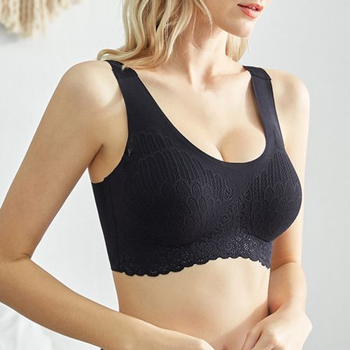 Fashion Seamless Yoga Bra Lace Breathable Brassiere Solid Gym Running Crop  Top Sportswear StyleB Black2