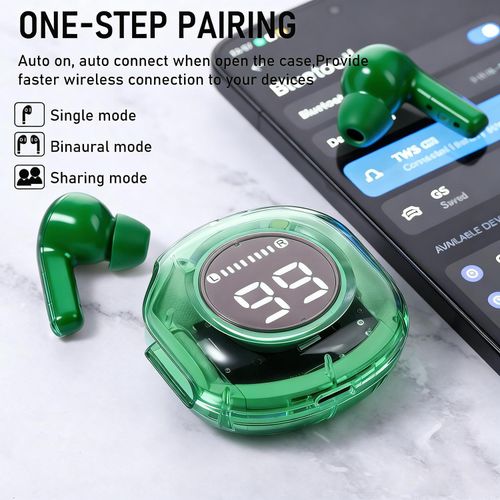 BHW Air39 TWS Wireless Earbuds Transparent Case LED Display - Green - image 3