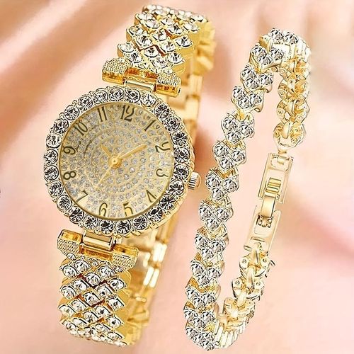 product_image_name-Zirconia-2pcs Quartz Watch Set – Fashionable Women Wrist Watches & Bracelet for Ladies, Elegant Quartz Wrist Watch for Female with Rhinestone Accents, Premium Watch for Women Gift Set-2