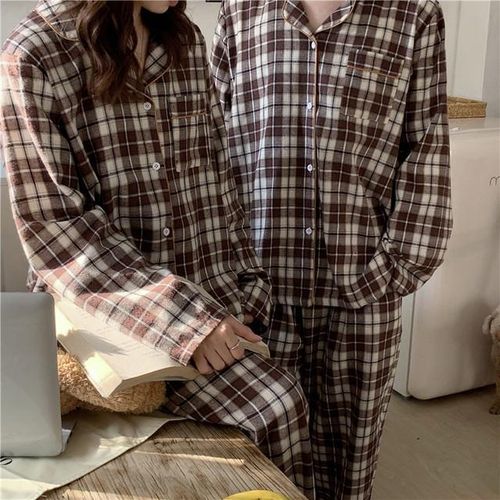 Generic Cotton Linen Autumn Winter Pajama Set Women Sleepwear Sanding Warm  Plaid Pyjamas Suit Women Men Trousers Casual 2 Piece Set L941