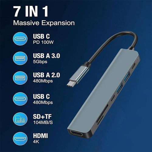 GtyGo GtyGo USB Hub 7-in-1 Adapter HDMI 4K PD 100W USB3.1, SD/TF Reader Type C - image 2