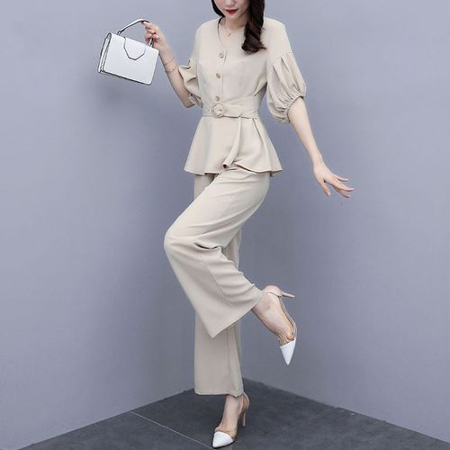 Fashion (Ivory Suit)Women Suit New Summer Two-Piece Outfits Slinky Female  Lady Blouse V-Neck Black Pink Ivory Casual Office Wide-Leg Pants DURIKIES  GRE