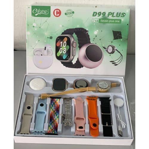 Generic Okpu D99 Plus Smartwatch Combo Set – Smart Watch + Wireless Earbuds + Mini Bluetooth Speaker + 7 Changeable Straps & Charging Cable
