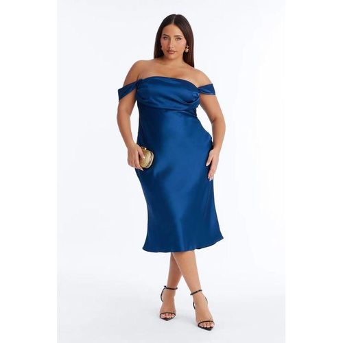 Fashion Navy Satin Off Shoulder Short Sleeve Back Zipper Stretch Midi Dress for Women Casual Everyday Wear Date Night - image 3