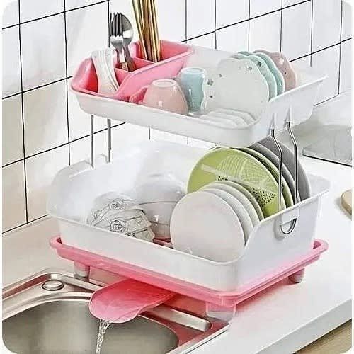 product_image_name-Generic-Plate Dish Rack With Water Drainer (2 Tiers) Pink-1