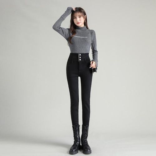 Generic Winter Thick Velvet Women Skinny Jeans High Waist Button Slim Fit  Stretch Mom Pencil Pants Warm Ladies Casual Denim Pants