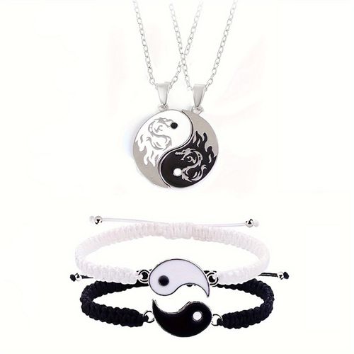 product_image_name-Fashion- 6pcs Yin Yang & Bagua Set - Stainless Steel Interlocking Necklace & Bracelet System with Black/White/Gray/Pendant - Chinese Martial Arts Jewelry for Tai Chi, Meditation-3