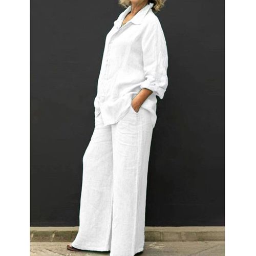 Fashion (White)Cotton Linen Suits Women Elegant Solid Long Sleeve Shirts  Wide Leg Trousers Two Piece Sets Female Casual Straight Urban Sets XXA