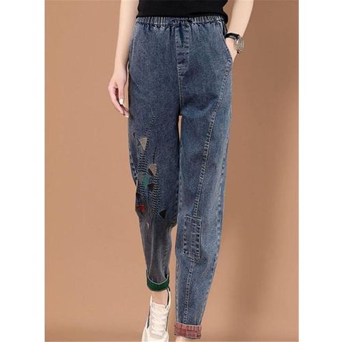 Vintage Embroidered Womens Denim Ladies Jeans Pant Elastic Waist