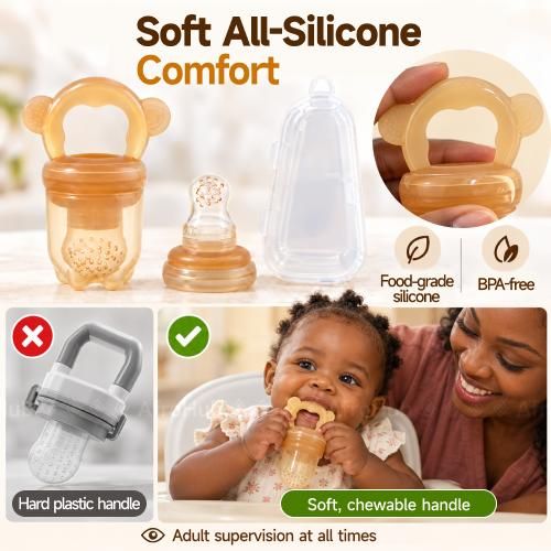 Generic  100% Full Silicone Baby Fruit Feeder & Teether Set - BPA-Free Soft Chewable Pacifier with 2 Silicone Nipple Sacs (Sizes S & L) + Dust-Proof Travel Case, Anti-Choke Fresh Food Nibbler Toy for 3-12M+ - image 2
